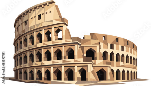 Geometric Colosseum Art. Low-poly vector illustration focused on the Colosseum viewed in a three-quarter perspective, polygonal