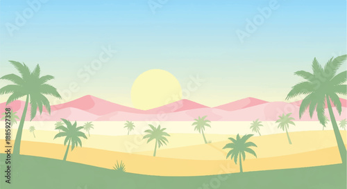 Serene Desert Landscape with Palm Trees under a Bright Sunny Sky