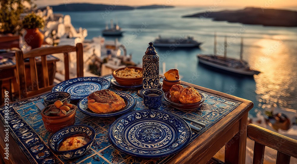 Fototapeta premium A breakfast table is set on a terrace overlooking the Aegean sea at sunrise.