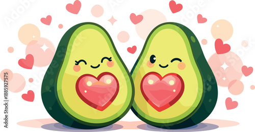 Avocado Love Art. Avocado halves posed like a couple with the pit replaced by a glowing heart, confetti hearts and soft bokeh