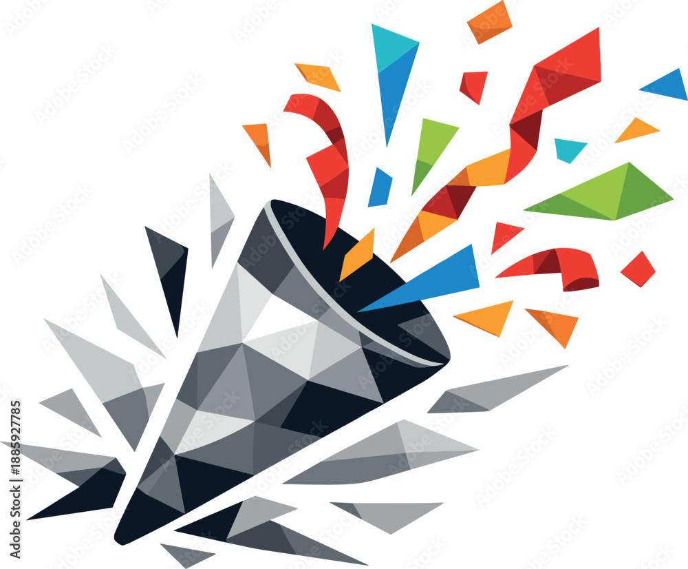 Obraz premium Celebratory Confetti Explosion. Low-poly vector illustration of a party popper icon with flying confetti representing celebration,
