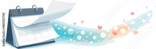 Fresh Start Illustration. Blank calendar page flipping into a trail of glow dots and tiny hearts, suggesting a new chapter with