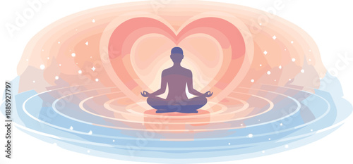 Heartfelt Meditation Aura. Meditation scene with a seated figure inside a heart aura, concentric calm rings and tiny light