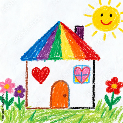 Cute Hand-Drawn Rainbow House with Smiling Sun and Flowers