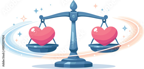 Balanced Love Symbol. Scales icon with a heart on each side perfectly balanced, tiny sparkles and glow rings symbolizing fairness