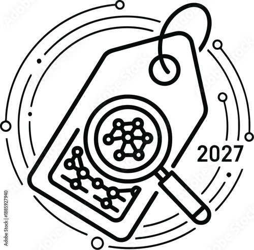 Examining molecular structure with magnifying glass on tag in 2027