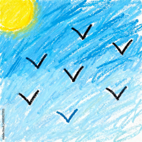 Sunny Blue Sky with Flying Birds Crayon Drawing