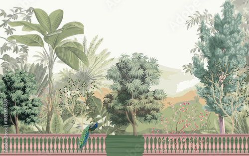 Vintage old forest jungle illustrations. Exotic green jungle background and wallpaper. Forrest