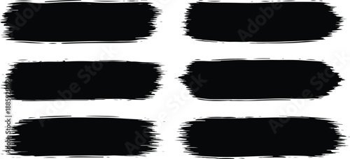 Six black grunge brush strokes with rough edges on a white background, arranged in two columns for graphic design elements.