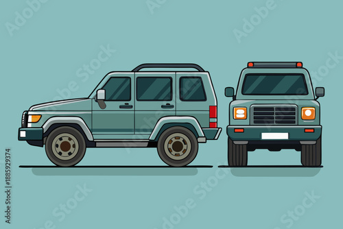 Teal colored suv vehicle side and front view