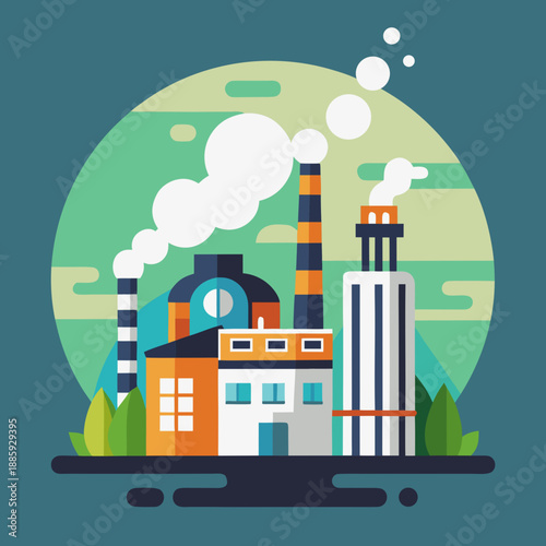 A colorful illustration of industrial buildings with smokestacks and pollution