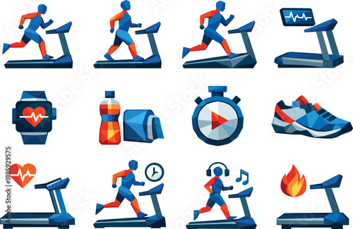Low-Poly Treadmill Icons. Modern low-poly vector illustration set showcasing treadmill training and indoor cardio through crisp