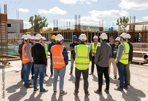 diverse group construction workers men women various ethnicities stand bustling meeting space building site un