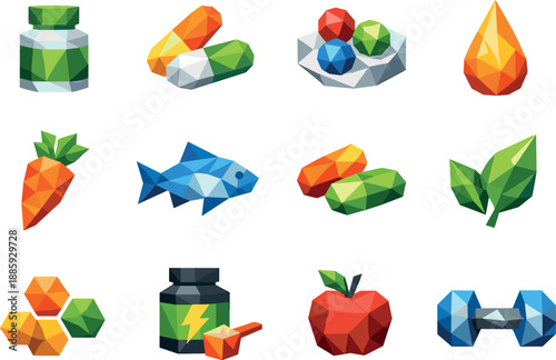 Low-Poly Vitamin Icons. Vitamin complex and nutritional supplements visualized as a cohesive low-poly vector icon set built from