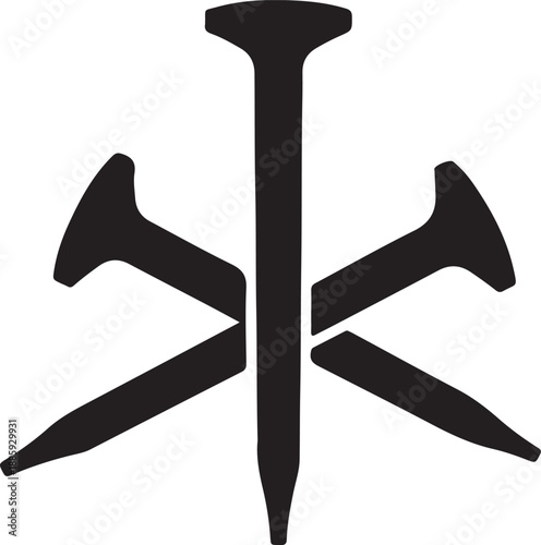 Three black nails forming a cross shape, symbol of crucifixion