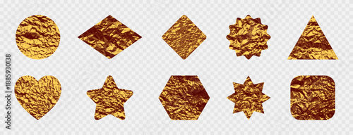 Gold foil stickers set with crumpled texture. Shiny golden foil design for different stiker, badges, labels and starburst. Vector.