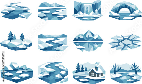 Frozen River Icon Set. Low-poly polygonal vector icon set focused on frozen rivers, ice-covered waterways, winter stillness, and