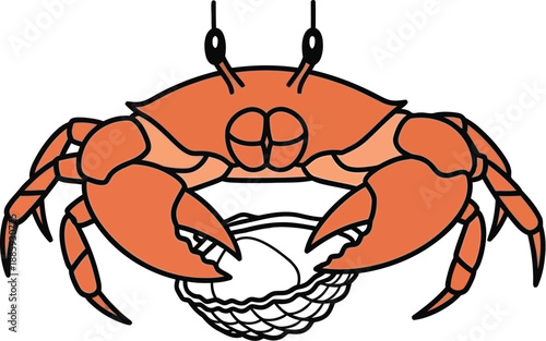 Adorable cartoon illustration of a bright orange crab carefully holding a freshly opened white scallop shell using its large powerful claws in this isolated vector graphic design.