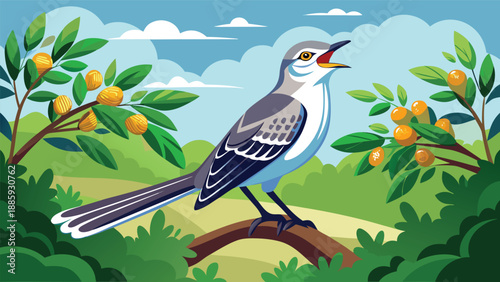 A vibrant vector illustration of a bird perched on a branch amidst green leaves and bright yellow fruits. The bird is singing, adding a lively touch to the serene nature scene