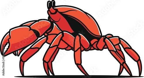 Vibrant red crab mascot illustration with a bold cartoon style featuring large claws and prominent eyes standing on a simple ground line against a clean white background ready for logo use