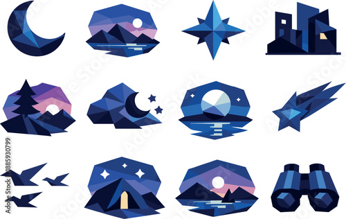 Twilight Iconography. Low-poly vector icon set for blue hour twilight and deep dusk atmosphere, featuring angular polygonal