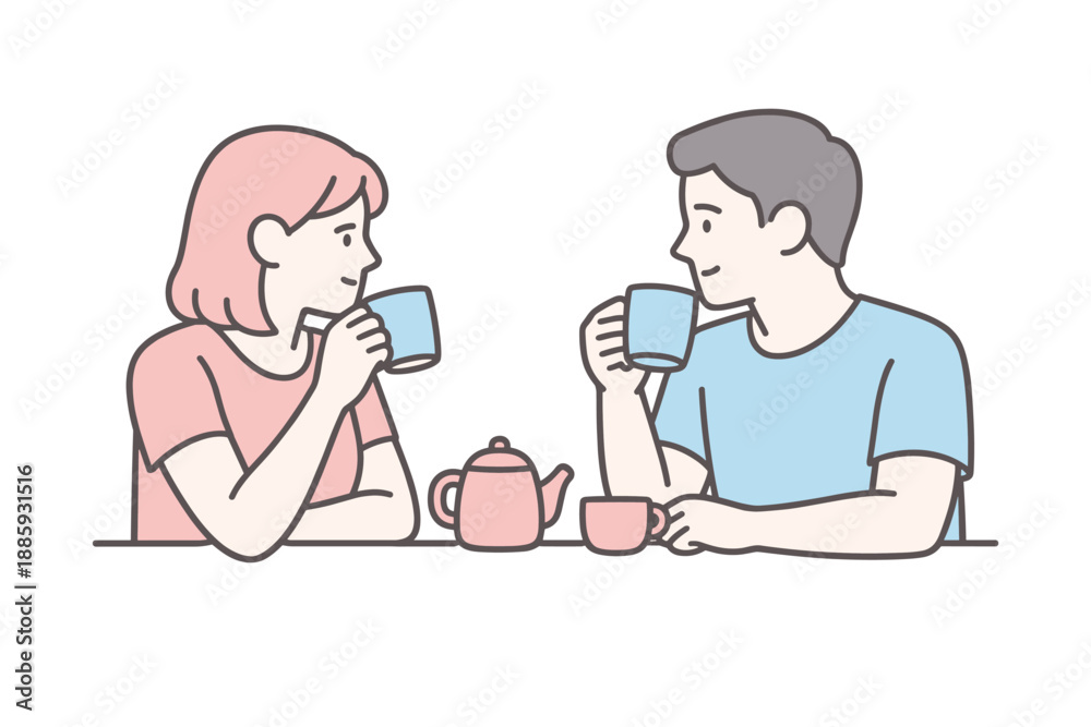 Fototapeta premium Coffee Time Together. A man and woman sit together drinking coffee, facing each other in a calm shared moment, minimalist flat