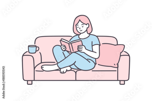 Woman Reading Sofa. A woman sits on a sofa reading a book, relaxed and absorbed in a quiet moment, minimalist flat line vector