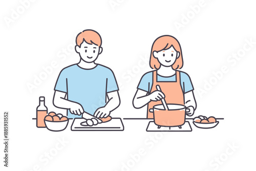 Couple Cooking Together. A couple cooks together in the kitchen, calmly preparing a meal side by side, minimalist flat line vector