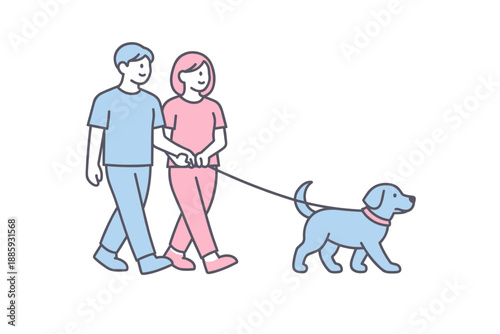 Couple Walking Dog. A couple walks their dog together, holding the leash and moving calmly side by side, minimalist flat line