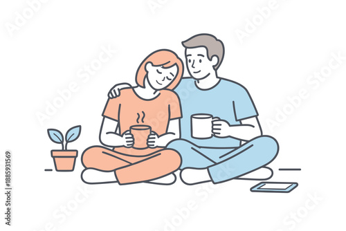 Calm Evening Together. A couple enjoys a quiet evening together, sitting calmly and sharing peaceful time, minimalist flat line
