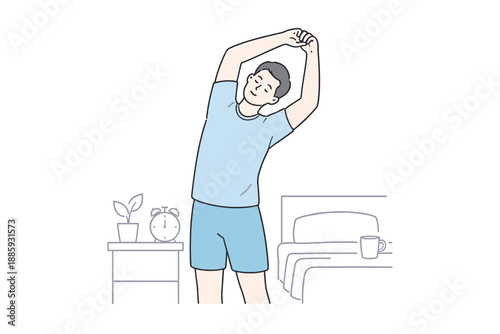 Morning Stretch Routine. A man stretches during his morning routine, standing calmly and loosening his body, minimalist flat line