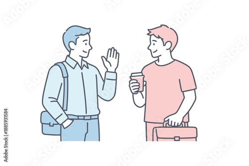 Friendly Work Reunion. Two friends meet after work, standing together and greeting calmly at the end of the day, minimalist flat