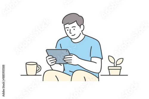 Minimalist Tablet Reading. A man sits reading news on a tablet, focused calmly during a quiet moment, minimalist flat line vector