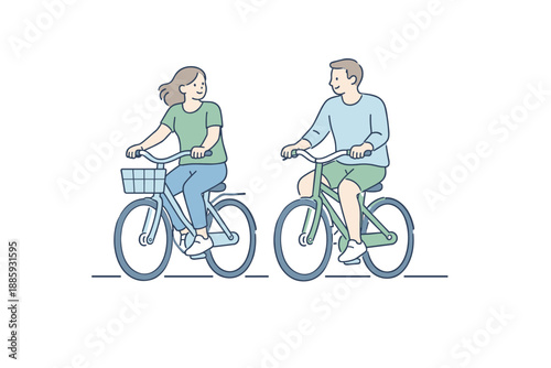 Scandinavian Cycling Together. A relaxed couple riding bicycles together along a quiet path, minimalist flat vector illustration
