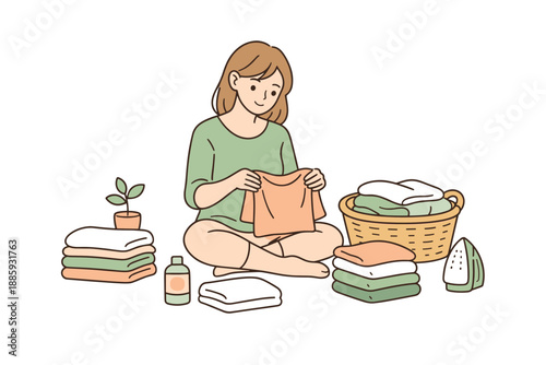 Calm Laundry Day. Woman quietly folding fresh laundry, relaxed posture as she organizes clothes into tidy piles, clean flat line