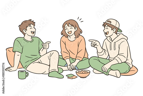 Laughing Friends Illustration. Close friends laughing while telling jokes, seated comfortably with open body language and cheerful