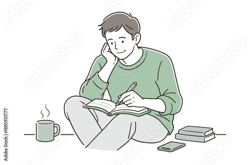 Reflective Writing Moment. Man thoughtfully jotting down ideas in a notebook, relaxed seated pose and gentle focus suggesting