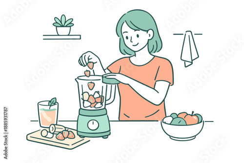 Fresh Smoothie Routine. Woman making a fresh smoothie as part of her daily routine, gentle movements as she adds fruit to a