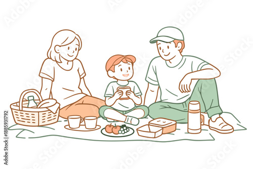 Peaceful Family Picnic. Family enjoying a quiet picnic break, two adults and a child seated comfortably on a blanket with relaxed