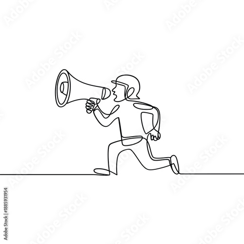 Continuous Line Drawing Of A Running Person Speaking Into A Megaphone