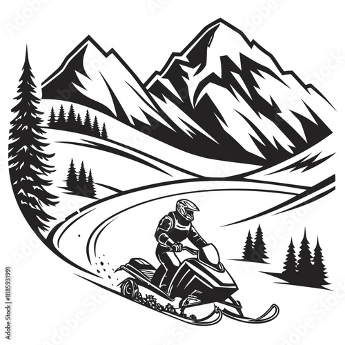 Snowmobiling through mountain trails