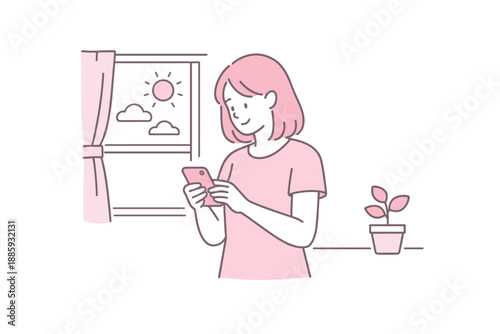 Calm Morning Routine. Woman stands near a window checking morning messages on her phone quietly Minimalist flat line vector
