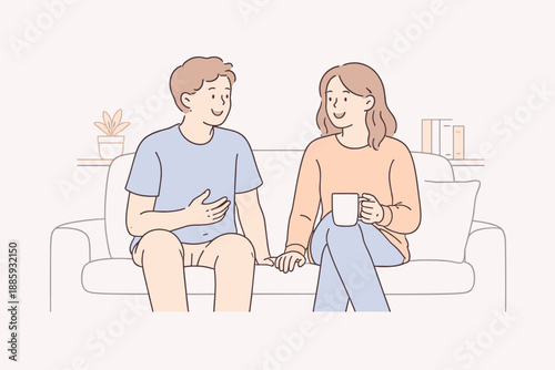 Calm Friendship Chat. Two friends sit side by side in a living room talking calmly and relaxed Minimalist flat line vector