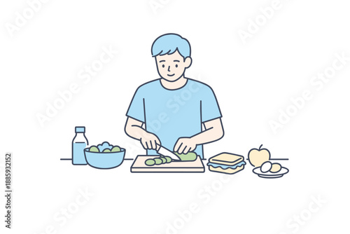 Man Preparing Lunch. Man chops ingredients on a small counter while making a simple lunch Minimalist flat line vector illustration