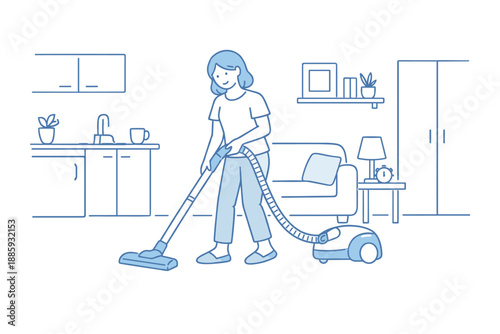 Minimalist Vacuuming Scene. Woman vacuums the floor in a compact living space with steady relaxed movements Minimalist flat line
