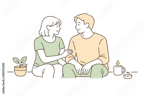 Heartfelt Conversation. Partners sharing a calm heartfelt talk, seated side by side with gentle gestures and attentive listening,