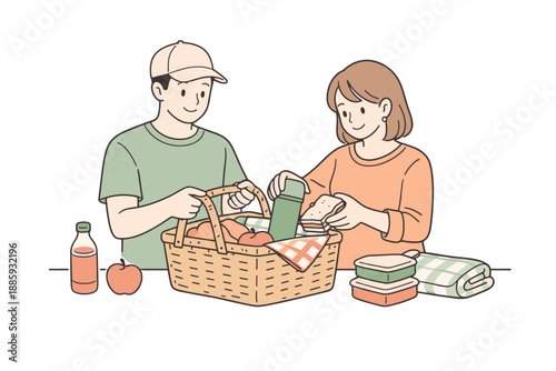 Gentle Picnic Preparation. Parents calmly preparing a picnic basket, one holding the basket while the other adds items with gentle