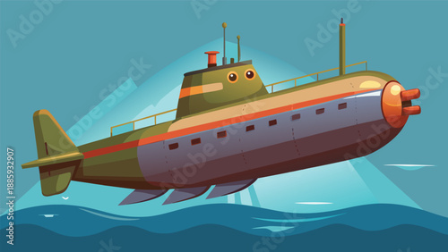 A colorful digital illustration of a cartoon submarine floating underwater. The submarine is detailed with bright colors and playful design, set against a clear blue ocean backdrop