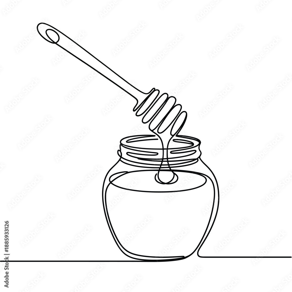 Fototapeta premium Minimalist Line Drawing Of A Honey Jar With Dipper