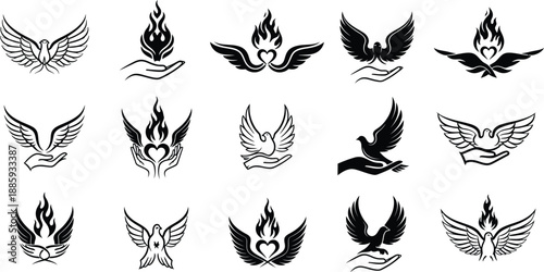 Collection of symbolic wing and flame logos with hands and hearts